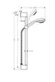 Hansgrohe Duschset mit Handbrause und Halterung. Das Bild zeigt eine schematische Darstellung mit Abmessungen und Anschlussdetails der Duschstange in Chrom.